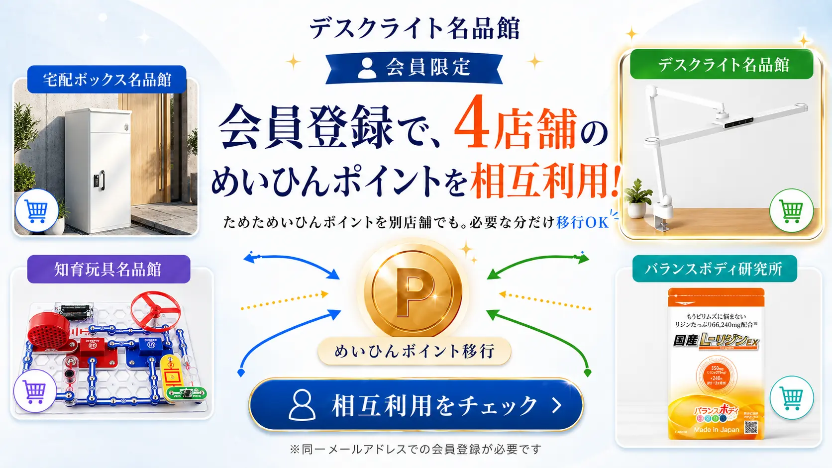 会員登録で4店舗のめいひんポイントを相互利用。ためたポイントを別店舗でも必要な分だけ移行できます。